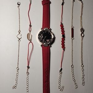 Chic Red Watch and Bracelet Set